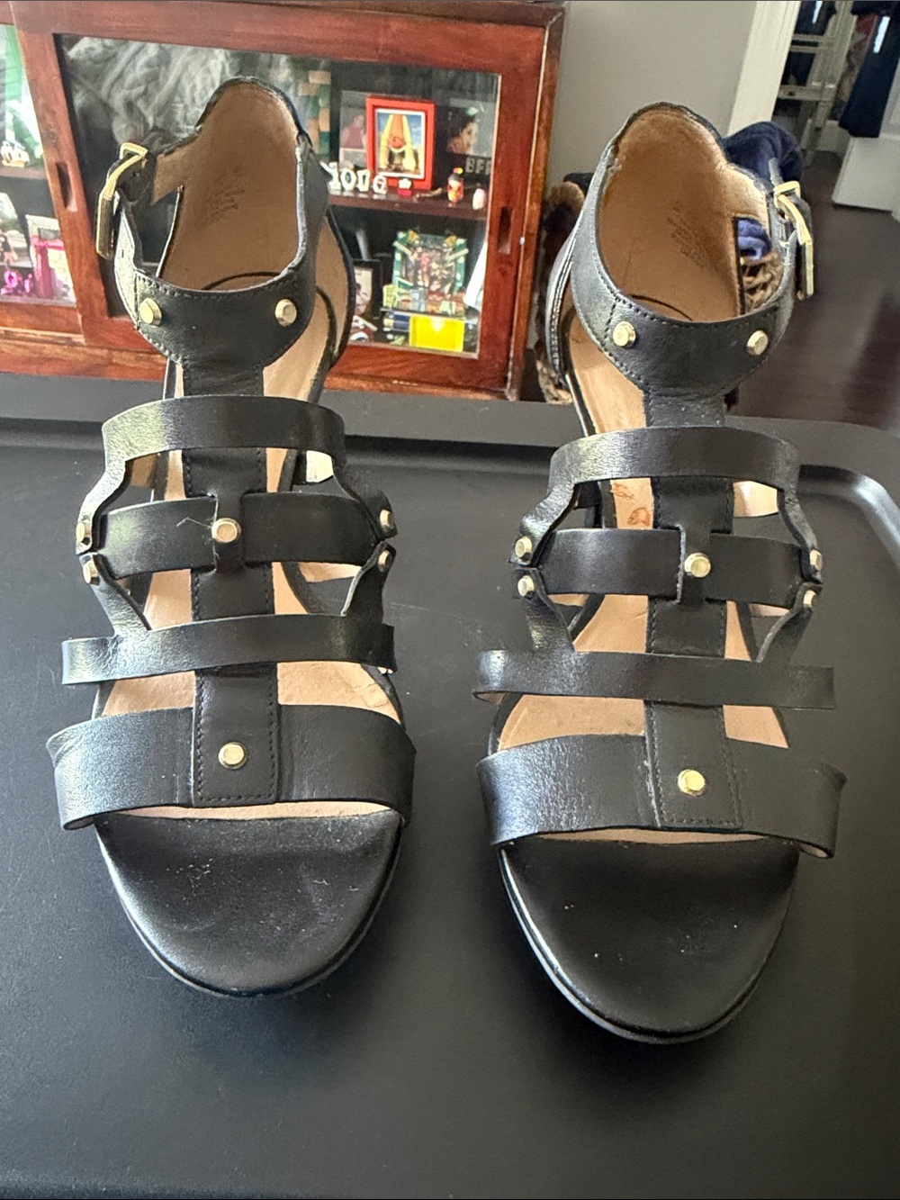 Naturalizer Black Strappy Gladiator Sandals with Gold Accents